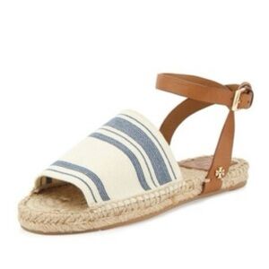 TORY BURCH Stretch-Canvas Espadrille Sandals Ankle Wrap Natural/Blue Size 7
